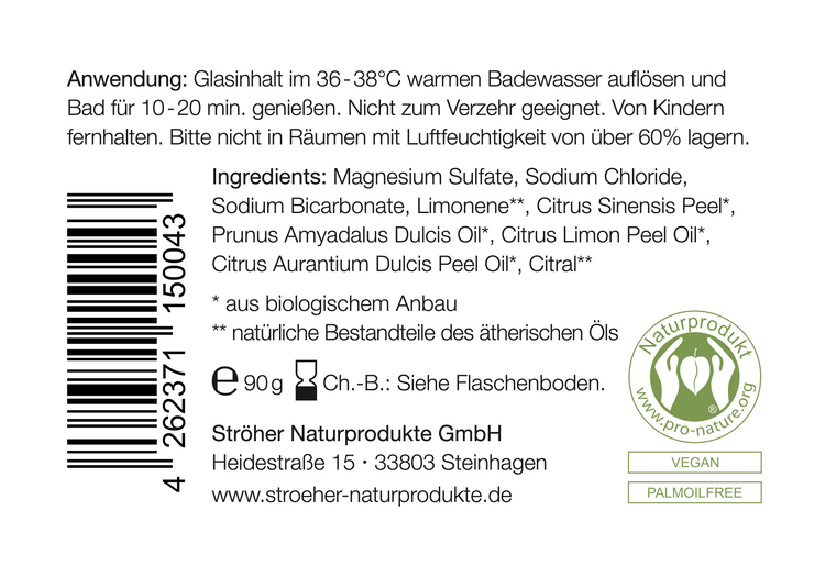 Etikett des natürlichen Badesalz Nr. 1 mit Orangenöl in wiederverwendbarem Glasgefäß mit mit Deko und Inhaltsstoffen und Anwendungshinweisen- Zutaten im Text beschrieben