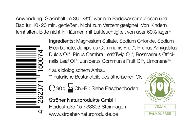 Natürliches Badesalz Nr. 2 mit Wacholder-, Zirben- und Rosmarinöl in wiederverwendbarem Glasgefäß mit Deko und Inhaltsstoffen und Anwendungshinweisen- Zutaten im Text beschrieben
