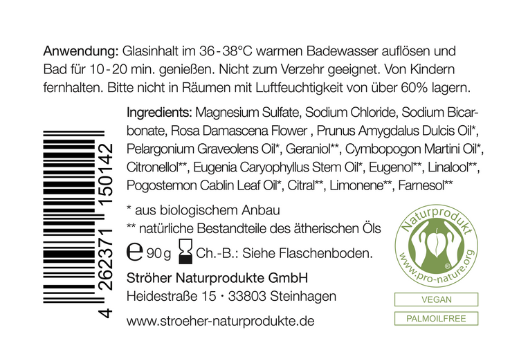 Natürliches Badesalz Nr. 3 mit Rosenblütenduft in wiederverwendbarem Glasgefäß mit Deko und Inhaltsstoffen und Anwendungshinweisen- Zutaten im Text beschrieben