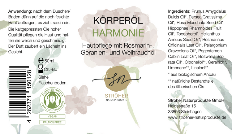 Etikett des natürlichen Körperöl Harmonie mit ätherischen Ölen Hautpflege mit Weihrauch-, Rosengeranien- und Rosmarinduft in wiederverwendbarem Glasgefäß mit Inhaltsstoffen und Anwendungshinweisen- Zutaten im Text beschrieben