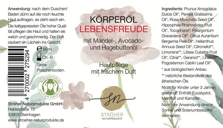 Etikett des natürlichen Körperöl Lebensfreude Hautpflege mit frischem, blumigen Duft in wiederverwendbarem Glasgefäß mit Inhaltsstoffen und Anwendungshinweisen- Zutaten im Text beschrieben