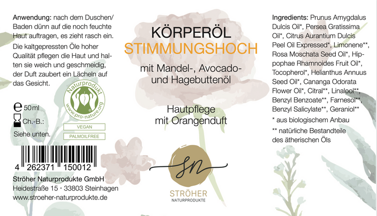 Etikett des natürlichen Körperöl Stimmungshoch Hautpflege mit Orangenöl in wiederverwendbarem Glasgefäß mit Inhaltsstoffen und Anwendungshinweisen- Zutaten im Text beschrieben