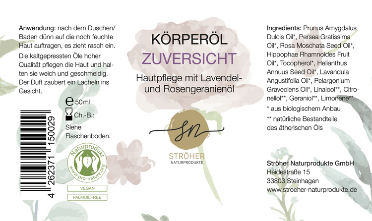 Etikett des natürlichen Körperöl Zuversicht mit ätherischen Ölen Hautpflege mit Lavendel- und Rosengeranienduft in wiederverwendbarem Glasgefäß mit Inhaltsstoffen und Anwendungshinweisen- Zutaten im Text beschrieben