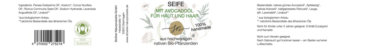 Etikett der handgemachten Seife mit Avocadoöl – für Haut und Haar mit hochwertigen Inhaltsstoffen und Anwendungshinweisen- Zutaten im Text beschrieben