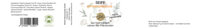 Etikett der handgemachten Bienenwachsseife – eine minimalistische Hand- und Hautpflege ohne ätherische Öle mit hochwertigen Inhaltsstoffen und Anwendungshinweisen- Zutaten im Text beschrieben