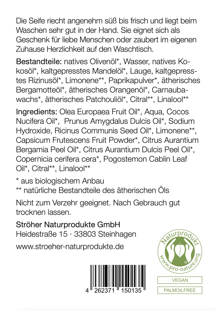 Etikett hinten der handgemachten Herzseife mit Orange und Bergamotte mit hochwertigen Inhaltsstoffen und Anwendungshinweisen- Zutaten im Text beschrieben