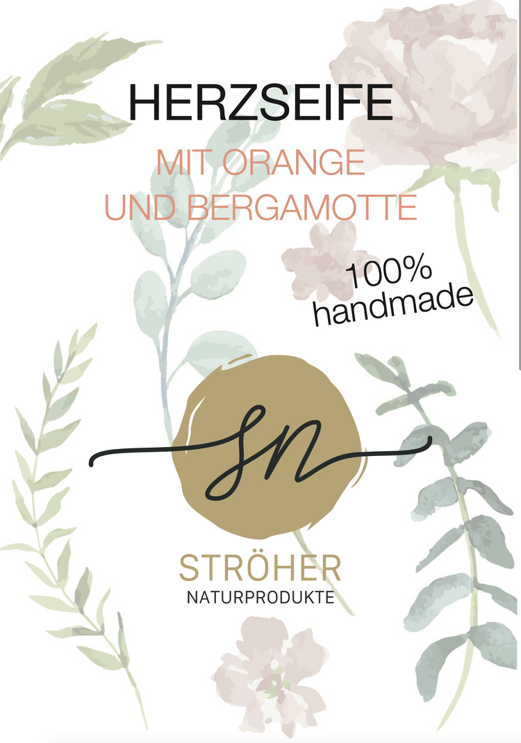 Etikett vorn der handgemachten Herzseife mit Orange und Bergamotte mit hochwertigen Inhaltsstoffen und Anwendungshinweisen- Zutaten im Text beschrieben