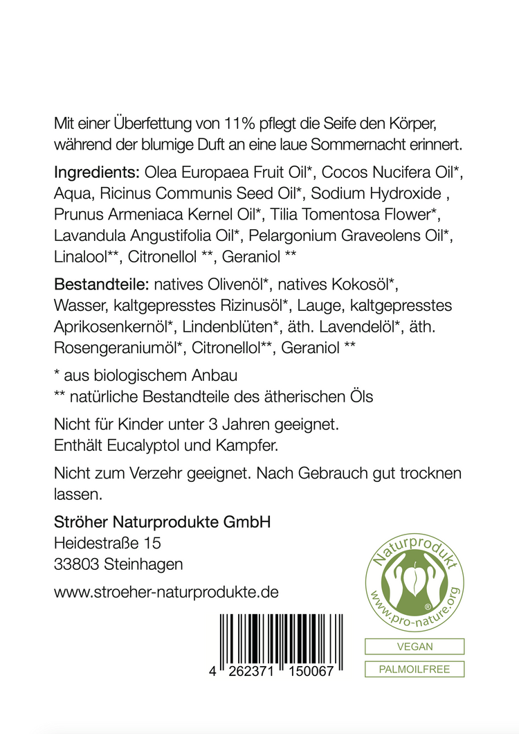 Etikett hinten der handgemachten Peeling-Lindenblütenseife mit Lavendel- und Geranienduft mit hochwertigen Inhaltsstoffen und Anwendungshinweisen- Zutaten im Text beschrieben