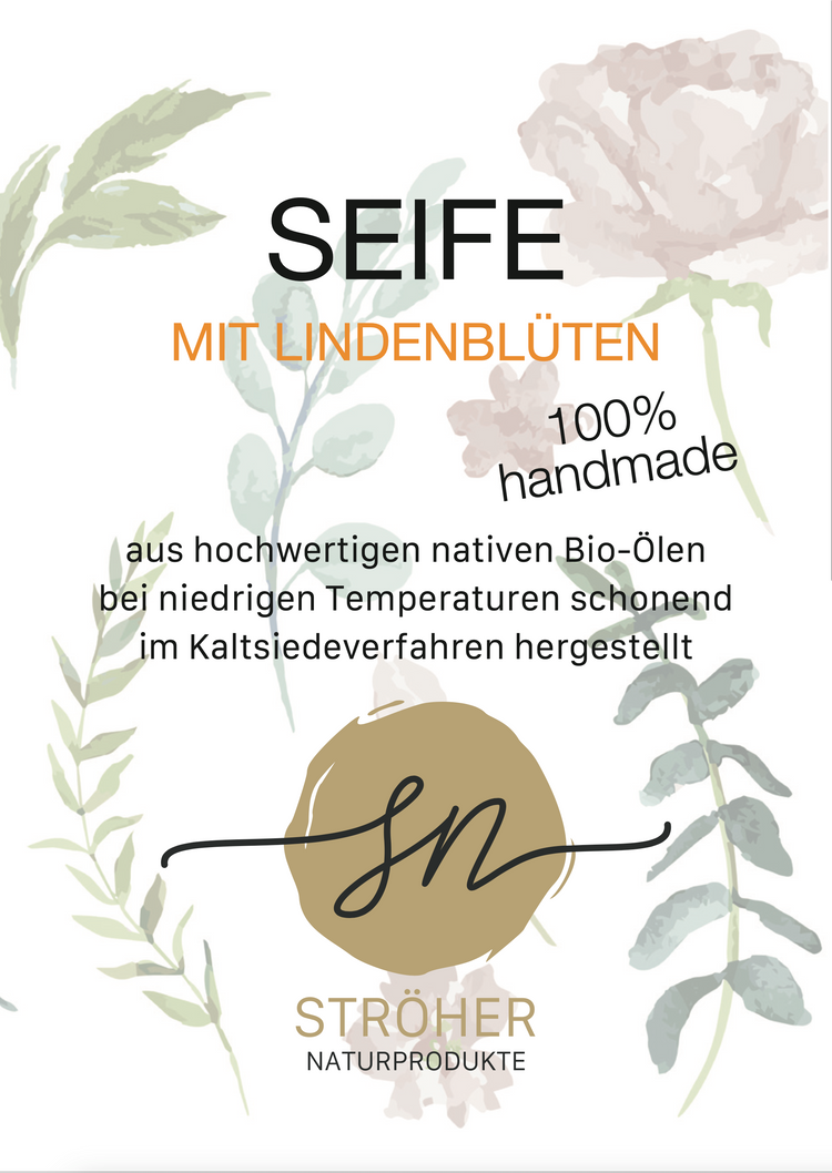 Etikett vorn der handgemachten Peeling-Lindenblütenseife mit Lavendel- und Geranienduft mit hochwertigen Inhaltsstoffen und Anwendungshinweisen- Zutaten im Text beschrieben