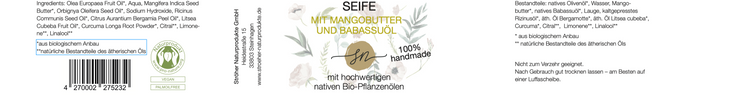 Etikett der handgemachten Seife mit Mangobutter und Babassuöl mit hochwertigen Inhaltsstoffen und Anwendungshinweisen- Zutaten im Text beschrieben