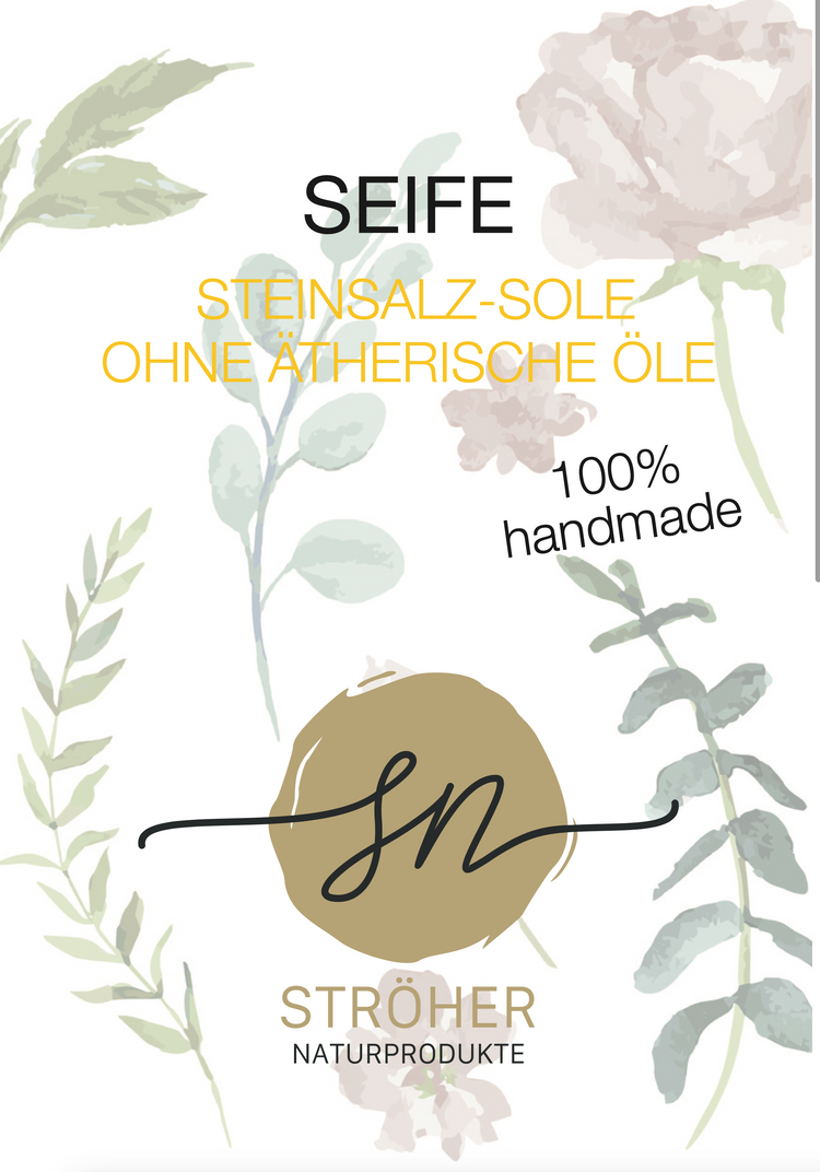 Etikett der natürlichen handgemachten Steinsalz-Sole ohne ätherische Öle mit Inhaltsstoffen und Anwendungshinweisen- Zutaten im Text beschrieben