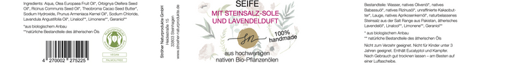Etikett der handgemachten Seife mit einer Steinsalz-Sole und Lavendelduft mit hochwertigen Inhaltsstoffen und Anwendungshinweisen- Zutaten im Text beschrieben