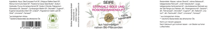 Etikett der handgemachten Steinsalzsoleseife mit Rosengeranienduft mit hochwertigen Inhaltsstoffen und Anwendungshinweisen- Zutaten im Text beschrieben