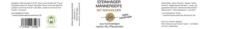 Etikett der handgemachten Steinhäger Männerseife mit Wacholder mit hochwertigen Inhaltsstoffen und Anwendungshinweisen- Zutaten im Text beschrieben