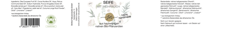 Etikett der handgemachten Seife mit Weihrauch mit Inhaltsstoffen und Anwendungshinweisen- Zutaten im Text beschrieben