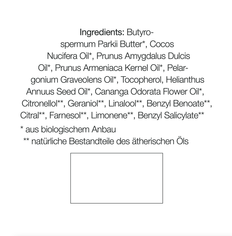 Etikett der natürlichen Handcreme Nr. 1 – Sheasahne mit Rosengeranie und Ylang-Ylang in wiederverwendbarem Glasgefäß mit Inhaltsstoffen und Anwendungshinweisen - Zutaten im Text beschrieben