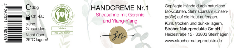 Etikett der natürlichen Handcreme Nr. 1 – Sheasahne mit Rosengeranie und Ylang-Ylang in wiederverwendbarem Glasgefäß mit Inhaltsstoffen und Anwendungshinweisen- Zutaten im Text beschrieben
