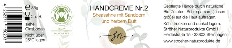 Etikett der natürlichen Handcreme Nr. 2 – Sheasahne mit Sanddorn und herbem Duft in wiederverwendbarem Glasgefäß mit Inhaltsstoffen und Anwendungshinweisen- Zutaten im Text beschrieben