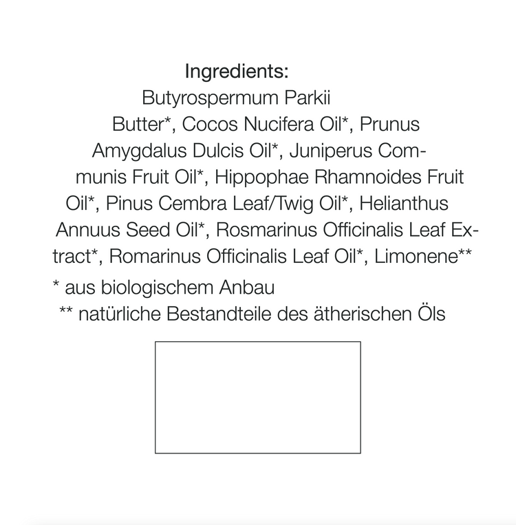 Etikett der natürlichen Handcreme Nr. 2 – Sheasahne mit Sanddorn und herbem Duft in wiederverwendbarem Glasgefäß mit Inhaltsstoffen und Anwendungshinweisen- Zutaten im Text beschrieben