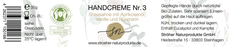 Etikett der natürlichen Handcreme Nr. 3 – Sheasahne mit Aprikosenöl, Vanille und Rosmarin in wiederverwendbarem Glasgefäß mit Inhaltsstoffen und Anwendungshinweisen- Zutaten im Text beschrieben