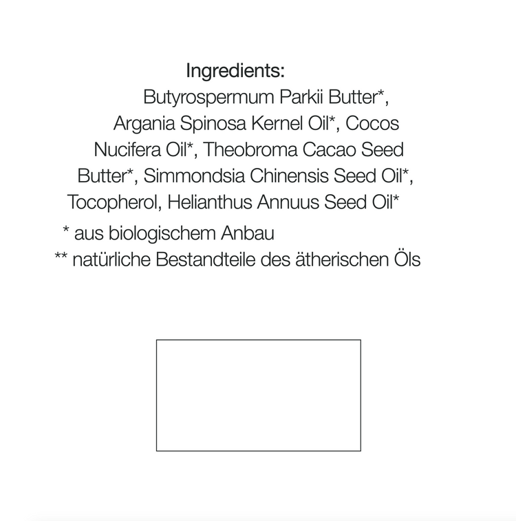 Etikett der natürlichen Handcreme Nr. 4 ohne ätherische Öle in wiederverwendbarem Glasgefäß mit Inhaltsstoffen und Anwendungshinweisen- Zutaten im Text beschrieben