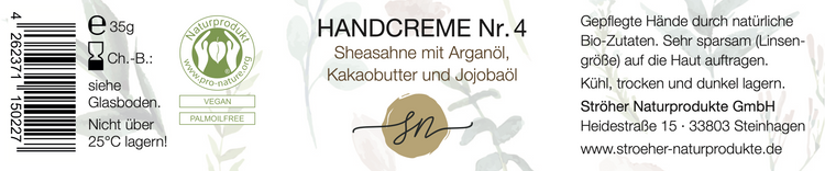 Etikett der natürlichen Handcreme Nr. 4 ohne ätherische Öle in wiederverwendbarem Glasgefäß mit Inhaltsstoffen und Anwendungshinweisen- Zutaten im Text beschrieben