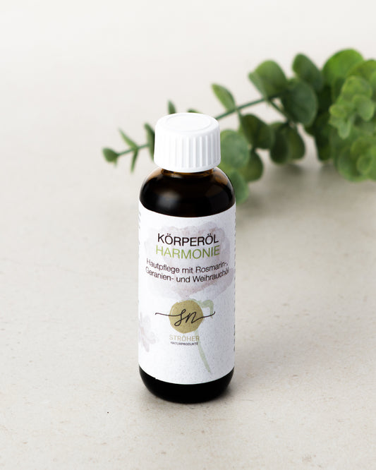 Natürliches Körperöl Harmonie  mit ätherischen Ölen Hautpflege mit Weihrauch-, Rosengeranien- und Rosmarinduft in wiederverwendbarem Glasgefäß mit Deko