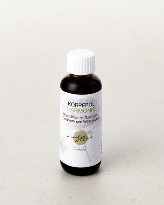 Natürliches Körperöl Harmonie  mit ätherischen Ölen Hautpflege mit Weihrauch-, Rosengeranien- und Rosmarinduft in wiederverwendbarem Glasgefäß ohne Deko