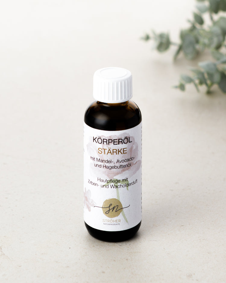 Natürliches Körperöl Stärke mit ätherischen Ölen Hautpflege mit Zirbelkiefernöl in wiederverwendbarem Glasgefäß mit Deko