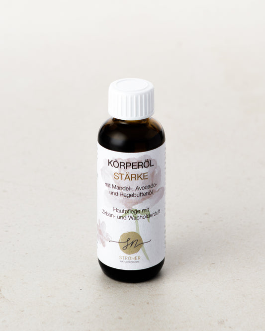 Natürliches Körperöl Stärke mit ätherischen Ölen Hautpflege mit Zirbelkiefernöl in wiederverwendbarem Glasgefäß ohne Deko