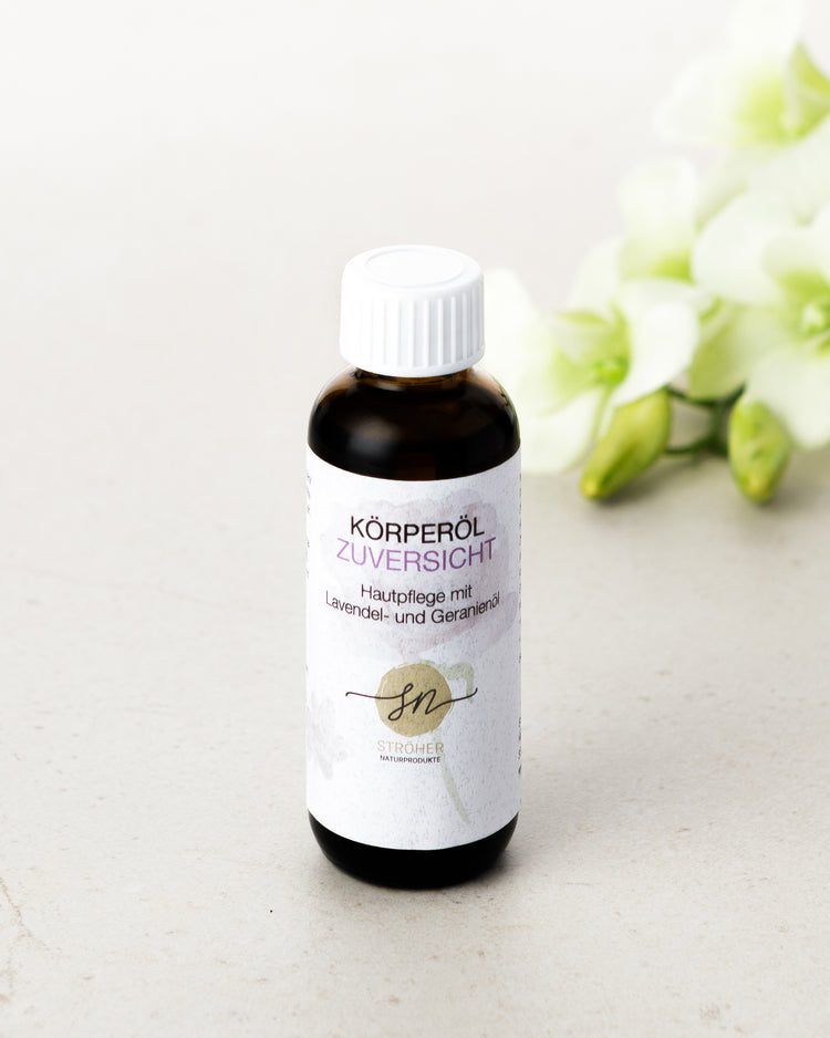 Natürliches Körperöl Zuversicht mit ätherischen Ölen - Hautpflege mit Lavendel- und Rosengeranienduft in wiederverwendbarem Glasgefäß mit Deko