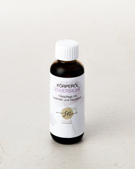 Natürliches Körperöl Zuversicht mit ätherischen Ölen - Hautpflege mit Lavendel- und Rosengeranienduft in wiederverwendbarem Glasgefäß ohne Deko
