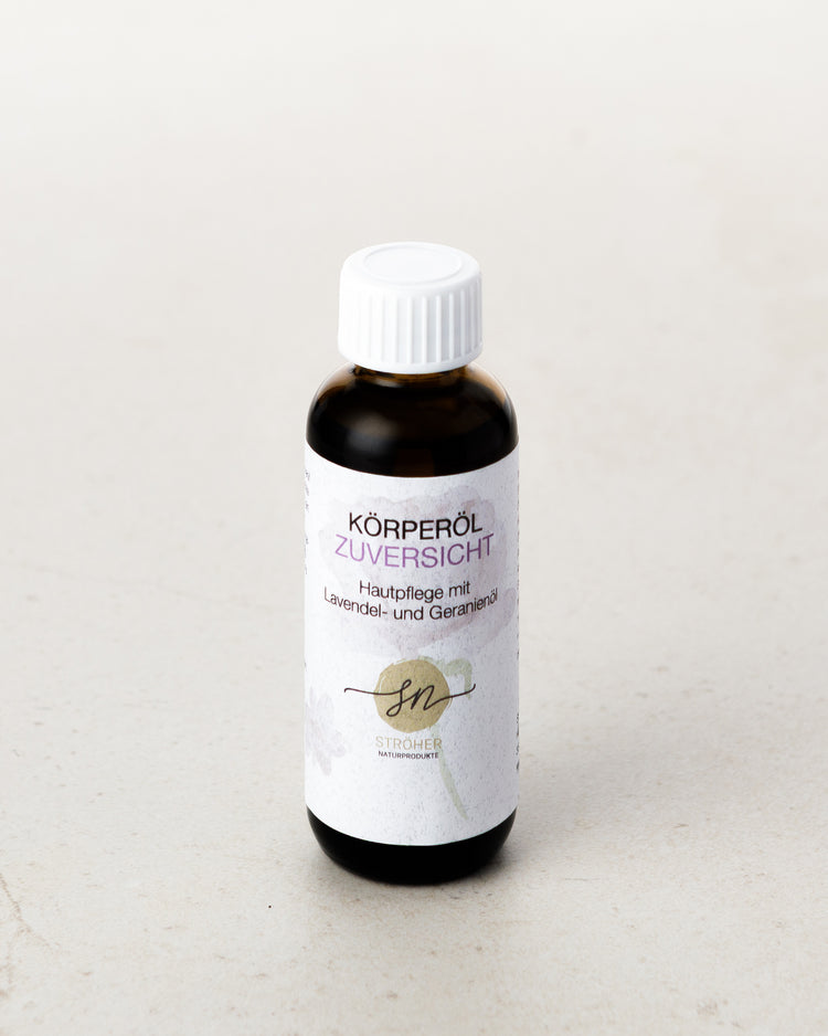 Natürliches Körperöl Zuversicht mit ätherischen Ölen - Hautpflege mit Lavendel- und Rosengeranienduft in wiederverwendbarem Glasgefäß ohne Deko