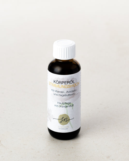 Natürliches Körperöl Stimmungshoch Hautpflege mit Orangenöl  in widerverwendbarem Glasgefäß ohne Deko